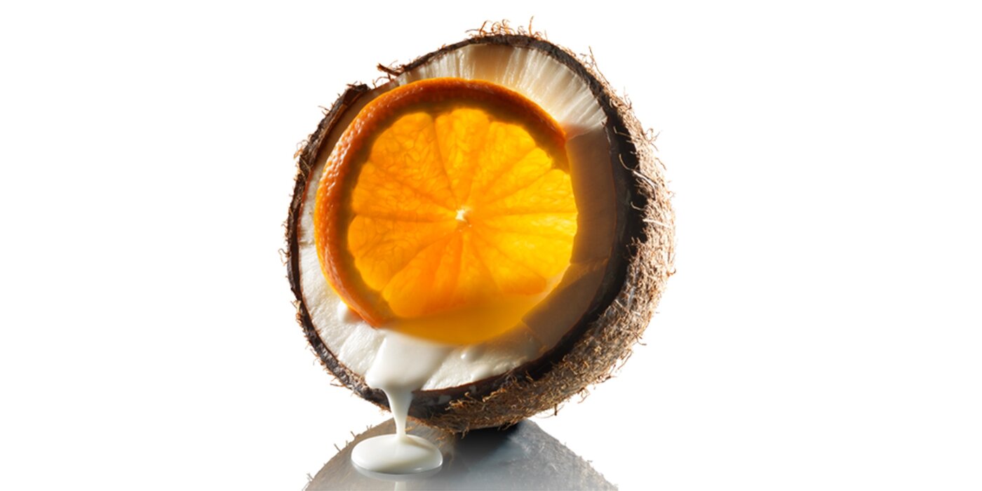Food and beverage still life photograph, coconut and tangerine
