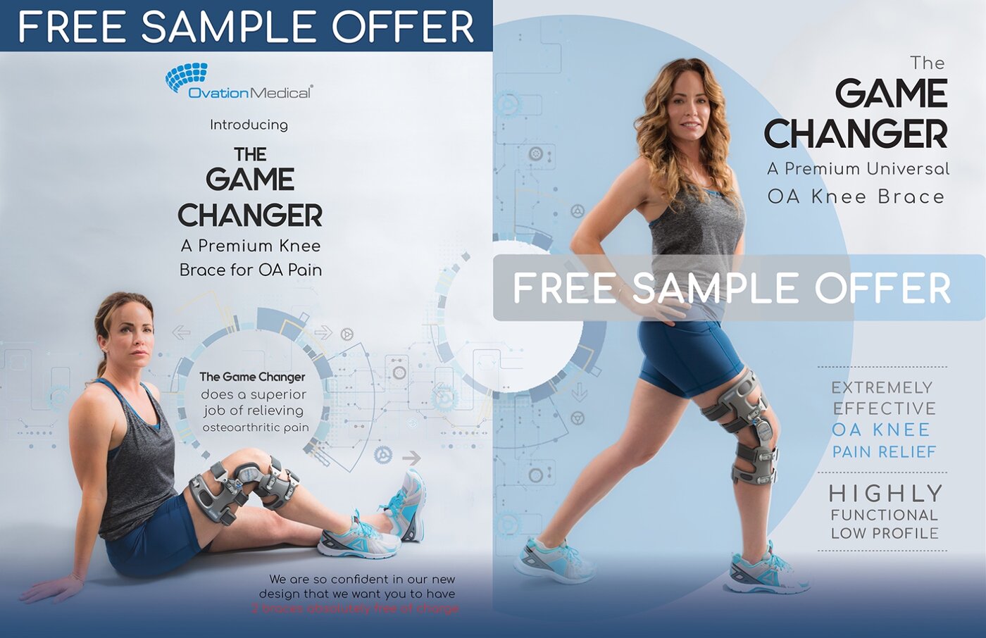 Ovation Medical advertising spread for The Game Changer knee brace
