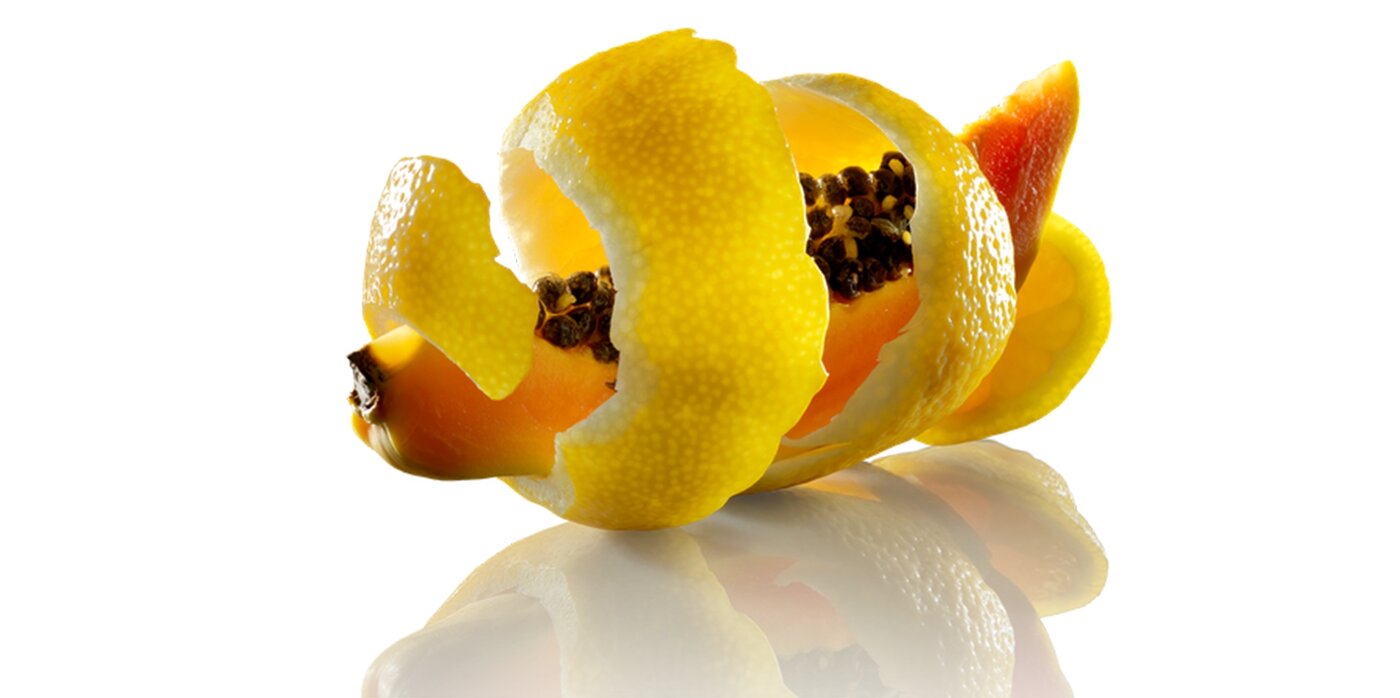 Food and beverage still life photograph, papaya and lemon